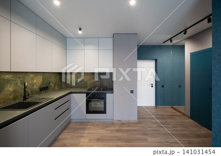 Modern open-plan kitchen and hallway with minimalist grey cabinetry and blue accents Modern open-plan kitchen and hallway with minimalist grey cabinetry and blue accents 141031454