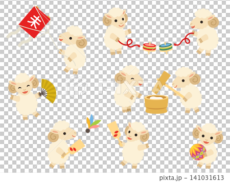 A set of illustrations of sheep characters making mochi and playing New Year's games. A set of illustrations of sheep characters making mochi and playing New Year's games. 141031613
