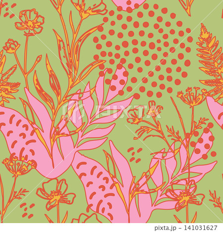 Vibrant seamless background featuring hand-drawn summer flowers, tropical pink leaves, and abstract red polka dots on green canvas. Vibrant seamless background featuring hand-drawn summer flowers, tropical pink leaves, and abstract red polka dots on green canvas. 141031627
