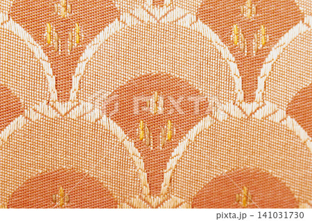 Horizontal close up macro shot of an orange and beige upholstery fabric texture featuring an embroidered vintage geometric scale or floral damask style pattern 141031730