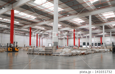 packing line in a logistics warehouse. conveyor belt in a modern production line. Pallet racking packing line in a logistics warehouse. conveyor belt in a modern production line. Pallet racking 141031732