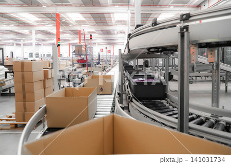 packing line in a logistics warehouse. conveyor belt in a modern production line. Pallet racking packing line in a logistics warehouse. conveyor belt in a modern production line. Pallet racking 141031734