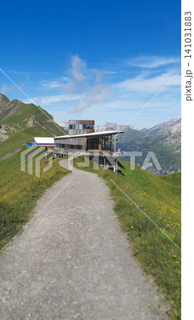Modern Alpen Tower restaurant at Planplatten with mountain panorama Alpen Modern Alpen Tower restaurant at Planplatten with mountain panorama Alpen 141031883