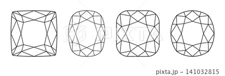 Cushion diamond cut shapes set. Design diagram. Cushion brilliant cut collection. Gemstone outline icon for jewellery design, branding, packaging, logo, digital graphic. 141032815