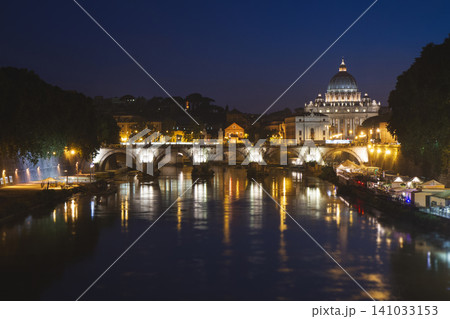 St. Peter's Basilica and Ponte Sant'Angelo at night in Rome St. Peter's Basilica and Ponte Sant'Angelo at night in Rome 141033153