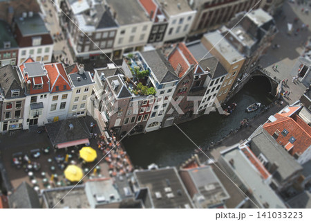 Aerial view of Utrecht old town and Oudegracht canal with tilt-shift effect Aerial view of Utrecht old town and Oudegracht canal with tilt-shift effect 141033223