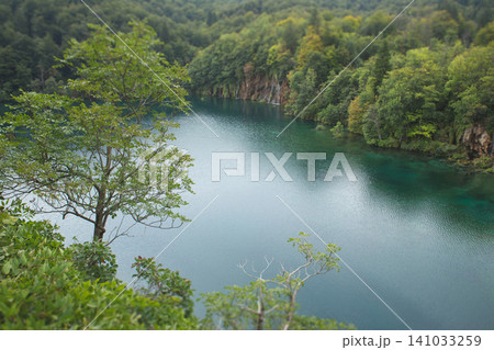 High-angle view of the vibrant blue waters and lush forested shores of Plitvice Lakes National Park, Croatia 141033259