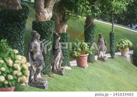 Classical garden sculptures and ivy-covered trees at Villa del Balbianello on Lake Como Classical garden sculptures and ivy-covered trees at Villa del Balbianello on Lake Como 141033483