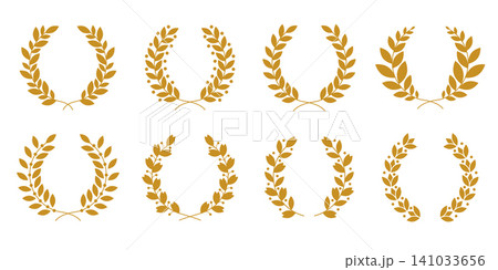 Set of Elegant Laurel Wreaths Collection in gold. Silhouette Floral Frames for Award, Certificate, Wedding and Heraldic Design Set of Elegant Laurel Wreaths Collection in gold. Silhouette Floral Frames for Award, Certificate, Wedding and Heraldic Design 141033656