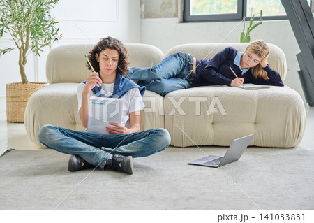 Two teenage students studying together in living room Two teenage students studying together in living room 141033831