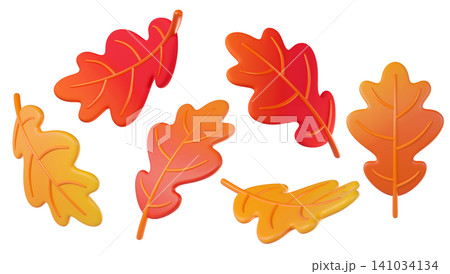 Set of 3D colorful autumn oak leaves in red, orange, and yellow, isolated on background. Perfect for autumn, seasonal designs, fall promotions, greeting cards, banners, Thanksgiving. 3d render illustr 141034134