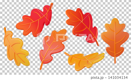 Set of 3D colorful autumn oak leaves in red, orange, and yellow, isolated on background. Perfect for autumn, seasonal designs, fall promotions, greeting cards, banners, Thanksgiving. 3d render illustr 141034134