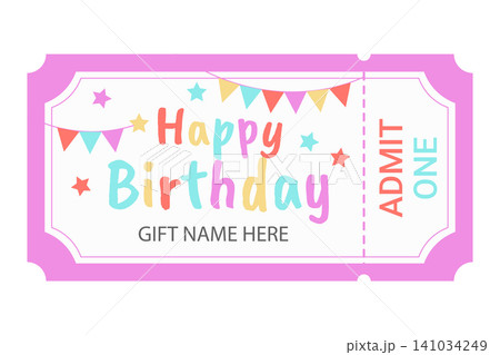 Colorful birthday gift card template. Vector Coupon ticket with pastel bunting, stars, gift name and pink border on a white background to one person. Colorful birthday gift card template. Vector Coupon ticket with pastel bunting, stars, gift name and pink border on a white background to one person. 141034249