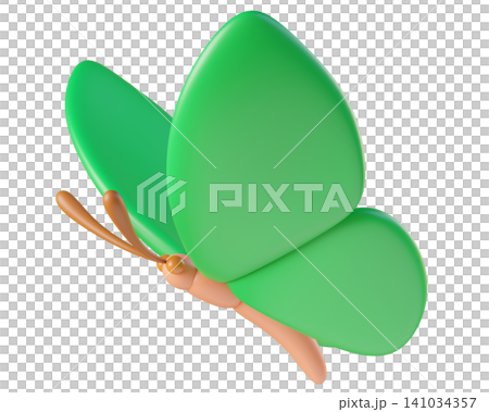 Green 3D butterfly, isolated on background. Cute cartoon insects for spring, summer design, Easter, stickers, kids. 3d render Green 3D butterfly, isolated on background. Cute cartoon insects for spring, summer design, Easter, stickers, kids. 3d render 141034357