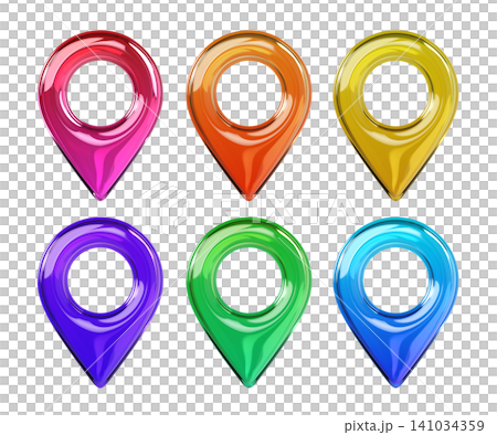 Set of glossy colored 3D map location pin icons. Front view. Transparent glass or plastic navigation marker isolated on background for GPS, map, travel and UI design. 3d render. Set of glossy colored 3D map location pin icons. Front view. Transparent glass or plastic navigation marker isolated on background for GPS, map, travel and UI design. 3d render. 141034359