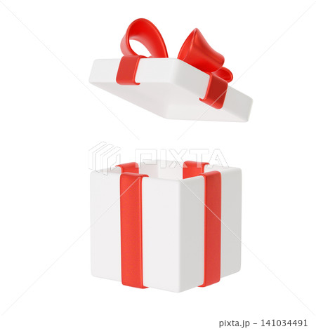 Open 3d White Gift box with red ribbon and bow, isolated on background. Present for Holiday, Birthday, Weddings, Valentine's day or Christmas. 3d render. 141034491