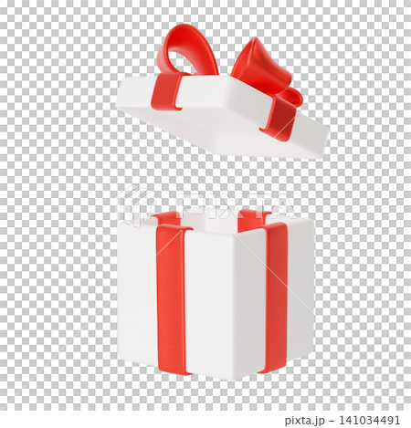 Open 3d White Gift box with red ribbon and bow, isolated on background. Present for Holiday, Birthday, Weddings, Valentine's day or Christmas. 3d render. 141034491