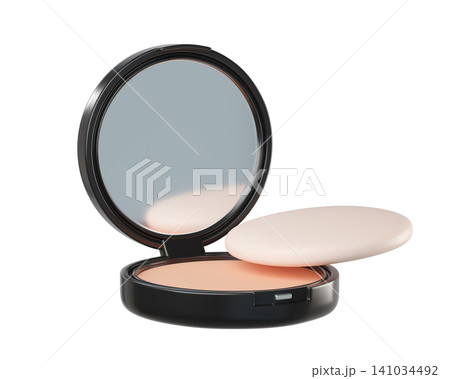 3D Black Compact Powder with sponge and mirror. Realistic beauty skincare face foundation  isolated on white. Makeup beauty cosmetic product. 3d render 141034492