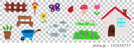 手描き風の庭とガーデン素材のイラストセット 141034737