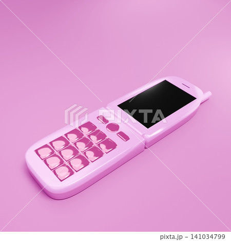 平成レトロなピンクの携帯電話(ガラケー)　斜め 141034799