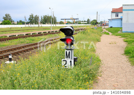Red traffic light stands next to the railroad tracks and a signpost. Amidst overgrown green grass and yellow wildflowers, stands a signal pole Red traffic light stands next to the railroad tracks and a signpost. Amidst overgrown green grass and yellow wildflowers, stands a signal pole 141034898