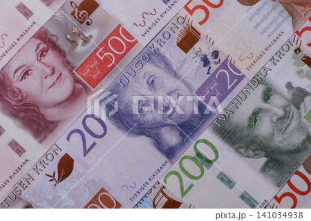 Sweden, Swedish paper money, real banknotes as currency for exchange or travel. Swedish money Sweden, Swedish paper money, real banknotes as currency for exchange or travel. Swedish money 141034938