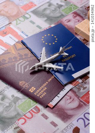 Sweden, swedish passport or id document with tickets for flight, travel. Swedish passport 141034962