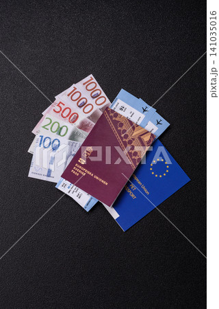 Sweden, swedish passport or id document with tickets for flight, travel. Swedish passport Sweden, swedish passport or id document with tickets for flight, travel. Swedish passport 141035016