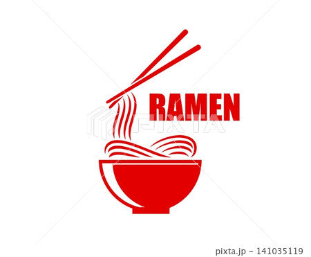 Asian ramen noodles bowl icon or symbol. Japanese food isolated sign, Asian cuisine cafe menu red emblem. Noodle pasta restaurant icon or ramen meal symbol with chopsticks taking noodles from bowl Asian ramen noodles bowl icon or symbol. Japanese food isolated sign, Asian cuisine cafe menu red emblem. Noodle pasta restaurant icon or ramen meal symbol with chopsticks taking noodles from bowl 141035119