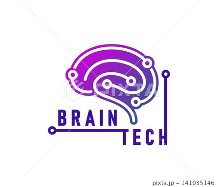 Brain hub tech icon or startup symbol. Brain tech science isolated symbol, artificial intelligence innovation sign. AI startup icon or emblem with human brain purple shape and motherboard traces Brain hub tech icon or startup symbol. Brain tech science isolated symbol, artificial intelligence innovation sign. AI startup icon or emblem with human brain purple shape and motherboard traces 141035146