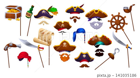 Cartoon pirate photo booth masks and props for party carnival, vector icons. Corsair eyepatch, pirate hat with skull and beard, sword and map, fake mustaches with treasure chest for photo booth mask Cartoon pirate photo booth masks and props for party carnival, vector icons. Corsair eyepatch, pirate hat with skull and beard, sword and map, fake mustaches with treasure chest for photo booth mask 141035186