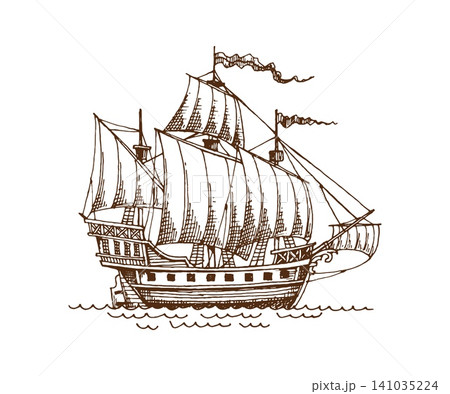 Engraving sketch pirate historical sail ship. European fleet sketch warship, historical hand drawn isolated vector brown galleon vessel. Wooden graphic sail ship or pirate engraving caravel 141035224