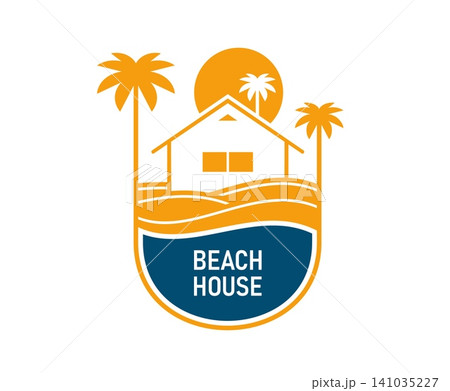Tropical palm beach resort, villa house icon. Travel agency emblem with beach bungalow house, palm trees and ocean waves. Summer vacation leisure and holiday travel icon, resort rental apartment sign Tropical palm beach resort, villa house icon. Travel agency emblem with beach bungalow house, palm trees and ocean waves. Summer vacation leisure and holiday travel icon, resort rental apartment sign 141035227