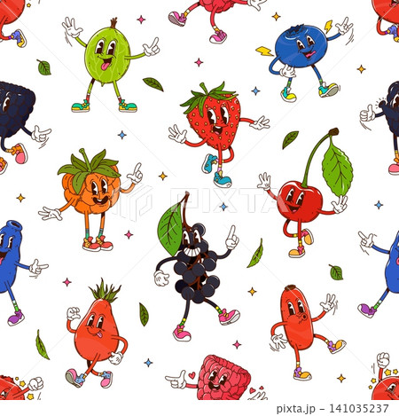 Cartoon groovy berry fruits seamless pattern. Textile vector seamless pattern with gooseberry, blueberry, cowberry and cranberry, rose hip, honeysuckle, blackberry and raspberry groovy characters Cartoon groovy berry fruits seamless pattern. Textile vector seamless pattern with gooseberry, blueberry, cowberry and cranberry, rose hip, honeysuckle, blackberry and raspberry groovy characters 141035237