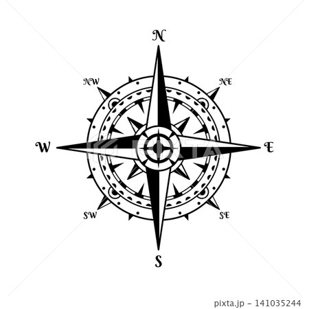 Vintage navigation map compass or wind rose sign. Old pirate treasure cartography element, vintage historical map isolated wind rose. Antique geography navigation monochrome compass 141035244