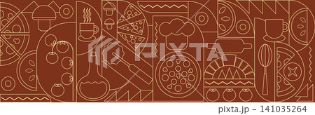 Pizza mosaic seamless pattern, flat line design, pizza ingredients and slices, abstract geometric design of Italian pizzeria Pizza mosaic seamless pattern, flat line design, pizza ingredients and slices, abstract geometric design of Italian pizzeria 141035264