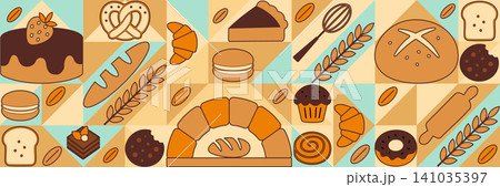 Bread and pastries background. Abstract bakery menu background with line drawing. Geometric pattern bread, croissant, donut. Bakery line pattern. Bread and pastries background. Abstract bakery menu background with line drawing. Geometric pattern bread, croissant, donut. Bakery line pattern. 141035397