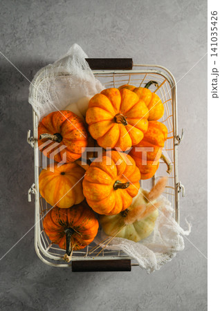 Autumn pumpkins in vintage wire basket on gray background, top view, fall background Autumn pumpkins in vintage wire basket on gray background, top view, fall background 141035426