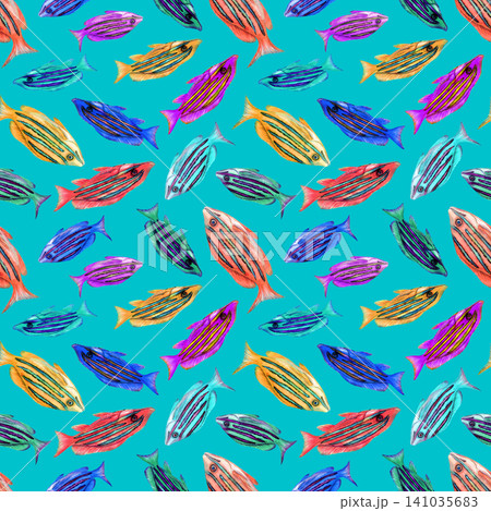Watercolor Neon Reef Fish Seamless Pattern on Color Background Watercolor Neon Reef Fish Seamless Pattern on Color Background 141035683