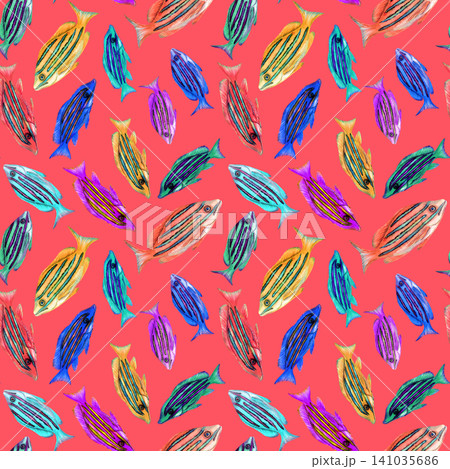 Watercolor Neon Tropical Fish Seamless Pattern on Bright Color Background Watercolor Neon Tropical Fish Seamless Pattern on Bright Color Background 141035686
