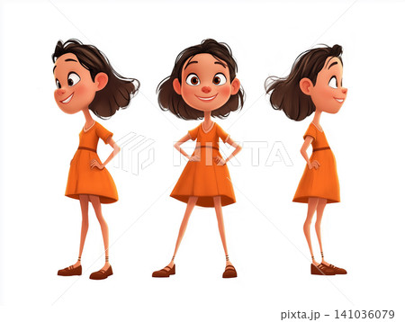Animated character of a girl in a dress with a cute smile and stylish pose illustration Animated character of a girl in a dress with a cute smile and stylish pose illustration 141036079