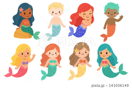 Mermaid illustration sea for cute vector set and cartoon water fish. Girl character summer for ocean baby mermaid and animal nature princess. Mermaid happy background for cute colorful Mermaid illustration sea for cute vector set and cartoon water fish. Girl character summer for ocean baby mermaid and animal nature princess. Mermaid happy background for cute colorful 141036149