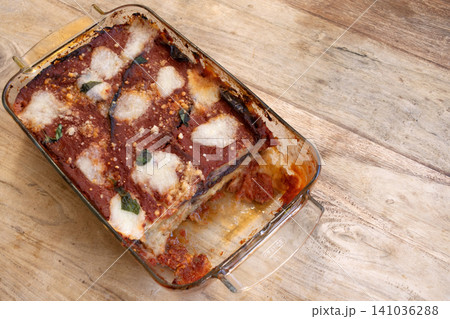 Eggplant parmigiana in glass baking dish Eggplant parmigiana in glass baking dish 141036288