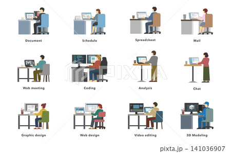 フラットイラスト:色んなPC作業をする人々のセット フラットイラスト:色んなPC作業をする人々のセット 141036907