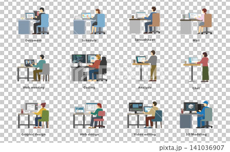 フラットイラスト:色んなPC作業をする人々のセット フラットイラスト:色んなPC作業をする人々のセット 141036907