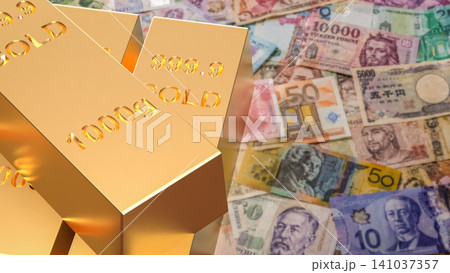 Global Currency And Gold Bullion Investment Wealth Concept 3d render. Global Currency And Gold Bullion Investment Wealth Concept 3d render. 141037357