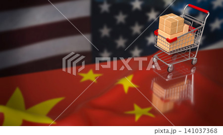 Shopping Cart Parcels Between China And America Trade Flags 3d render. Shopping Cart Parcels Between China And America Trade Flags 3d render. 141037368