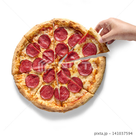 Hand Taking a Slice of Freshly Baked Pepperoni Pizza Isolated on White background Hand Taking a Slice of Freshly Baked Pepperoni Pizza Isolated on White background 141037594