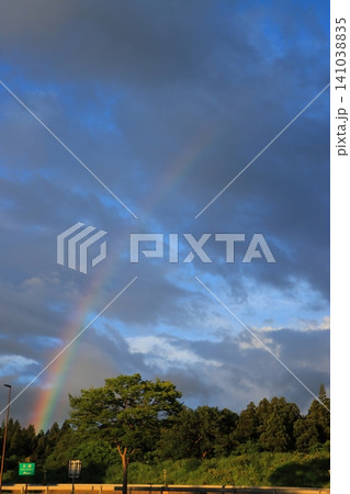 雨上がりの早朝の空にかかる虹の橋 雨上がりの早朝の空にかかる虹の橋 141038835