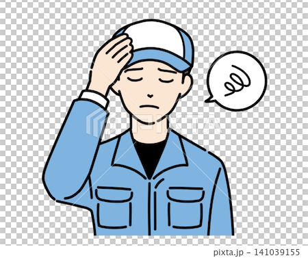 頭を抱える帽子と作業服を着た若い男性のイラスト 頭を抱える帽子と作業服を着た若い男性のイラスト 141039155